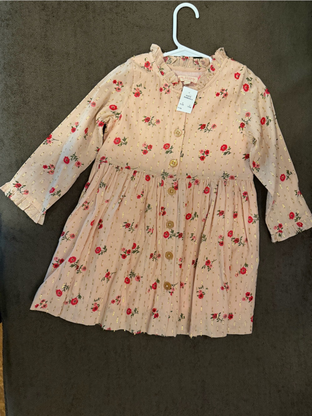 Pink Chicken Pink Floral Gold-Accent Long-Sleeve Button Dress